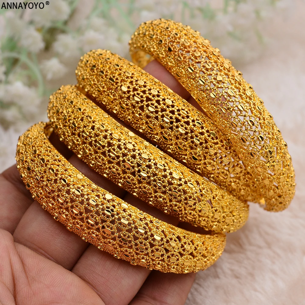 

Annayoyo 4pcs/Lot Dubai Gold Color Bangles Ethiopian Jewelry African Bracelets for Women Arab Jewelry Wedding Bride Gifts