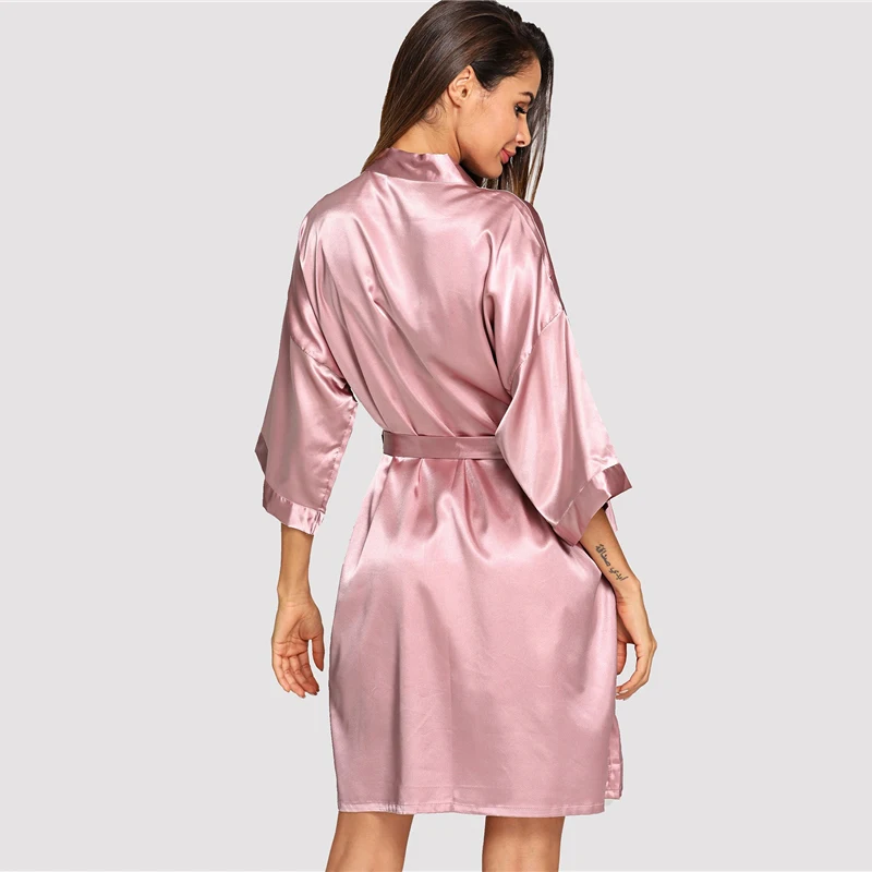Sheinside, розовый, v-образный вырез, Повседневный, рукав 3/4, с поясом, халат, женская одежда для сна, халат, летний, элегантный, однотонный, атласный, Халат