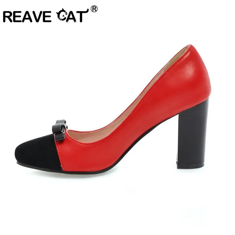 Женские туфли на толстом каблуке REAVE CAT, туфли-лодочки конфетных цветов на высоком блочном каблуке с закрытым носком, красные туфли с бантиком для свадьбы и работы, A394