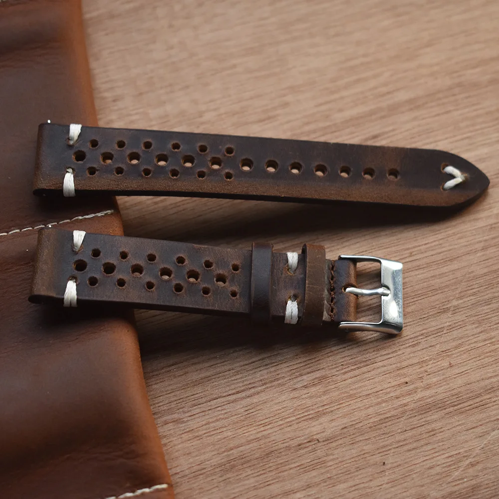 Hand Made Retro Leather Watch Band Hand-Stitched Perforated Suede Calfskin Watch Strap Bracelet 18mm 20mm 22mm