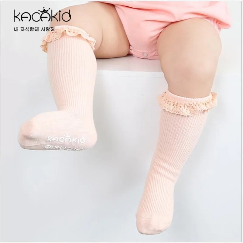Calcetines hasta la rodilla con volantes de encaje Retro para ni&ntilde;os, medias largas de princesa, antideslizantes, colores caramelo, novedad de verano-2