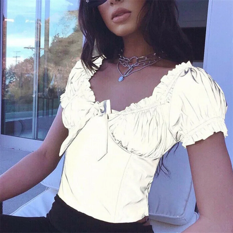 Модные женские Светоотражающие футболки летняя футболка с круглым вырезом и