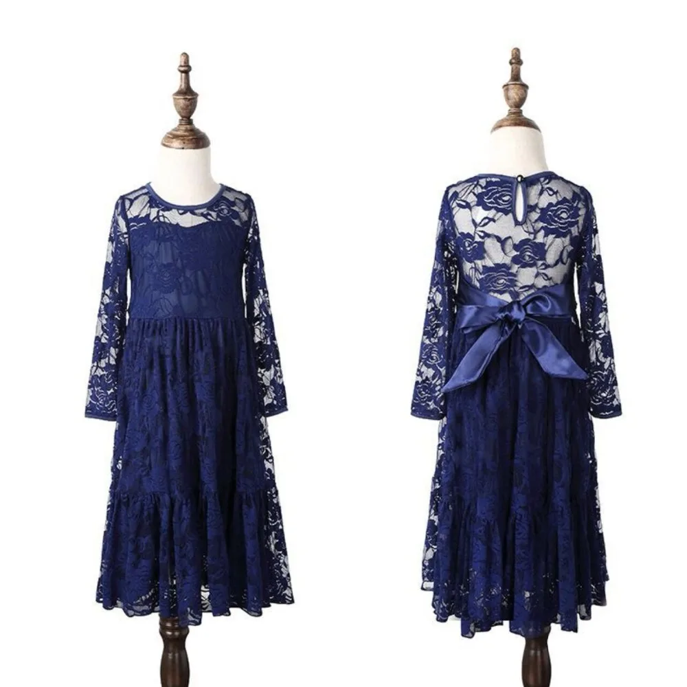 New Baby Girls Dresses Children Long Sleeves Lace Hallow Out Long Maxi Dresses Fashion Kids Clothes