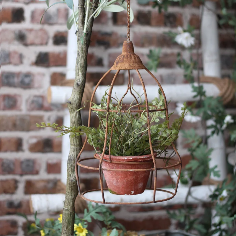 Ceiling Hanging Vintage Rustic Chic Garden Pot, Metal Wire Cage with Terracotta Pot