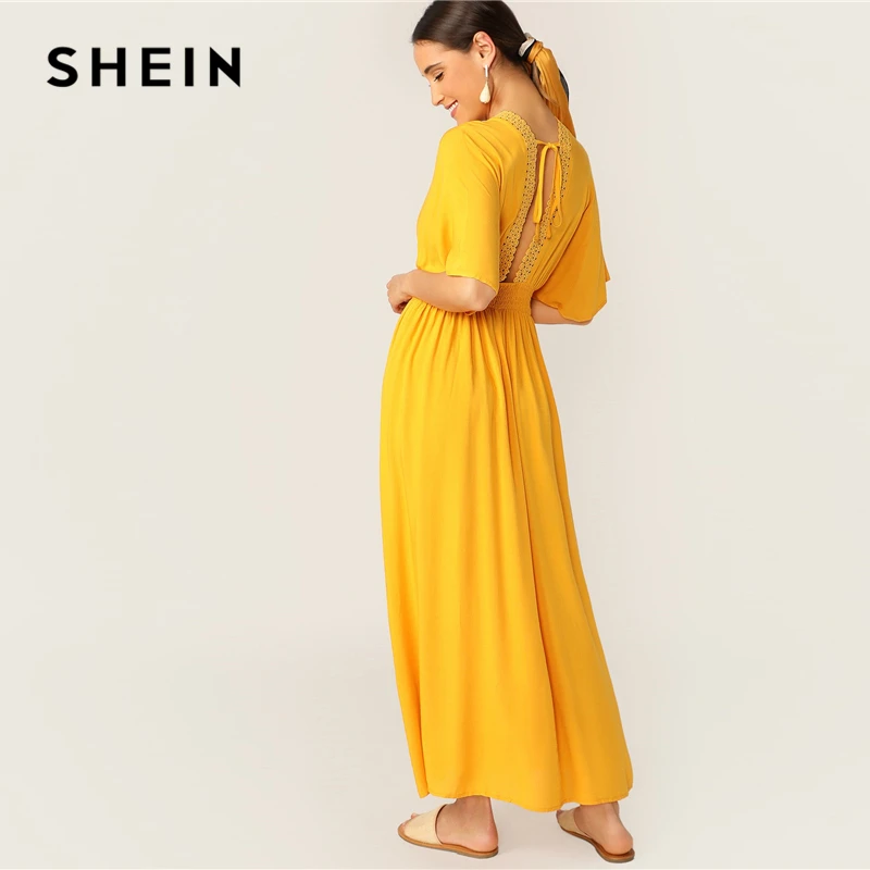 SHEIN Женские Летние Платья С Кружевами И V-Образным Вырезом И отделкой Яркое Летнее Макси Платье