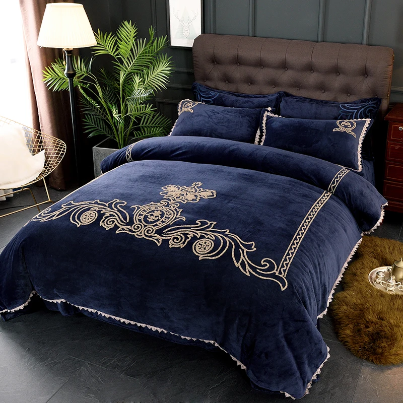 Синяя Роскошная флисовая ткань Комплект постельного белья Queen King size пододеяльник