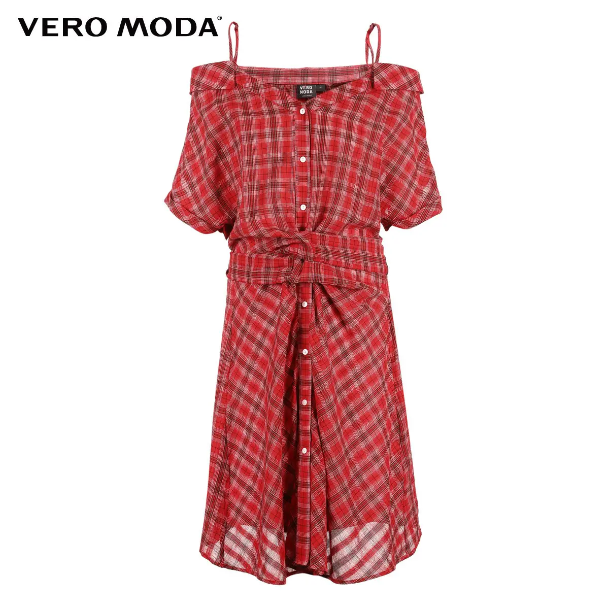 Vero Moda Новое Женское клетчатое платье с открытыми плечами на шнуровке с рукавами 1/2 | 31836W509