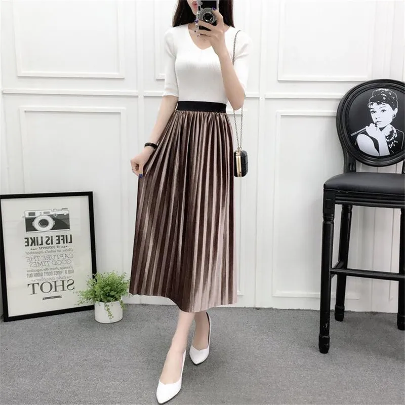 Женская плиссированная длинная юбка винтажная бархатная с высокой талией E096