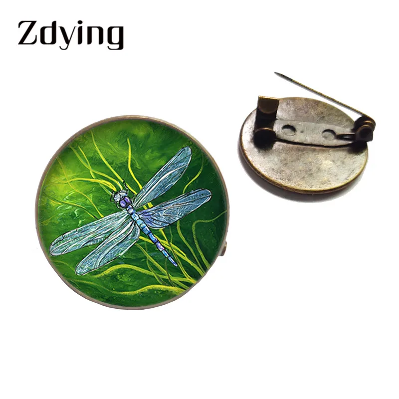 ZDYING Handmade Antique bronze plated Dragonfly Badge Brooch Glass Insect Pattern Cabochon Pins For Clothes Backpacks DN004 | Украшения и