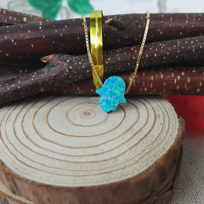 MOQ=1PC Free Shipping OP73 Tiffany Blue 11*13mm Synthetic Opal Hamsa/Hand 925 Silver Gold Chain Opal Necklace with High Quality - Окраска металла: op73 gold box chain