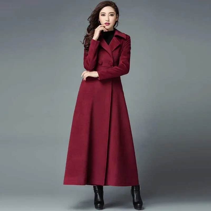 wine red Зимнее женское шерстяное длинное пальто, Классические пояса, высокая талия, Офисная Женская верхняя одежда, Военная Шерсть, пальто, ветровка - Цвет: wine red