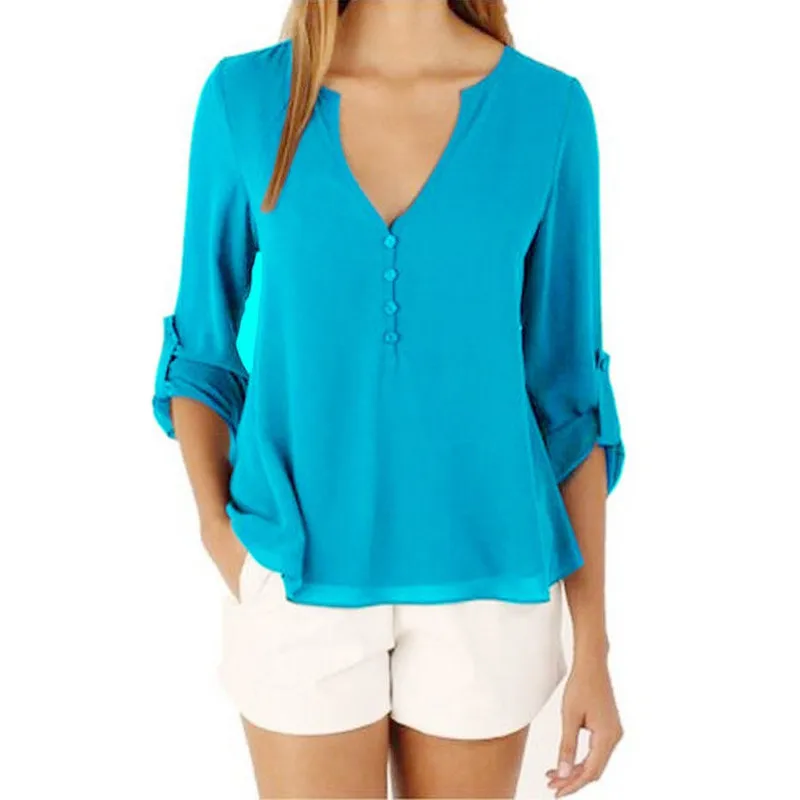 Light Blue Jocoo Jolee модная женская блузка для женщин размера плюс 5XL шифоновая блузка с длинным рукавом элегантные женские свободные топы шикарная женская одежда - Цвет: Light Blue