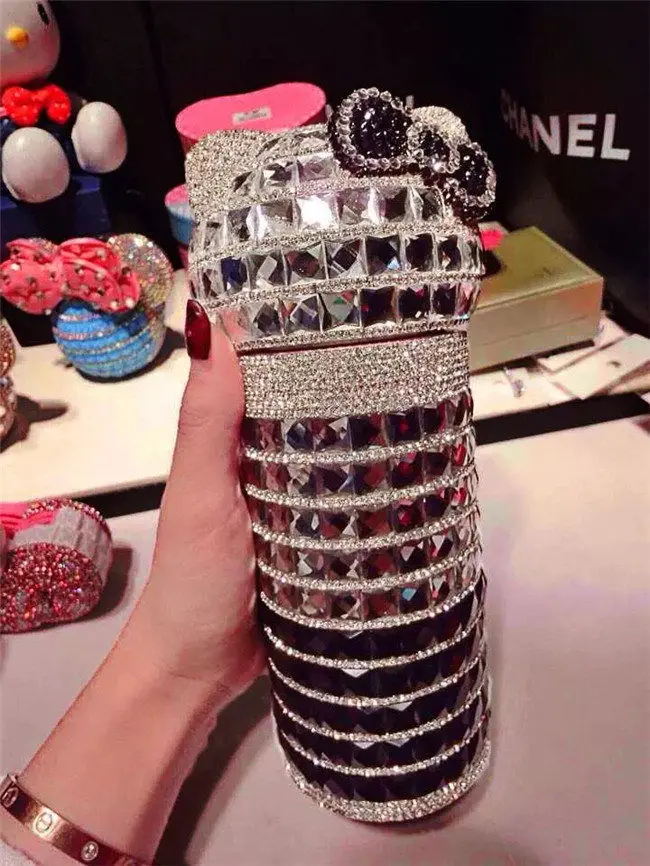 300ml silver-black Милый Кот инкрустированный бриллиантами Термокружка для воды - Цвет: 300ml silver-black