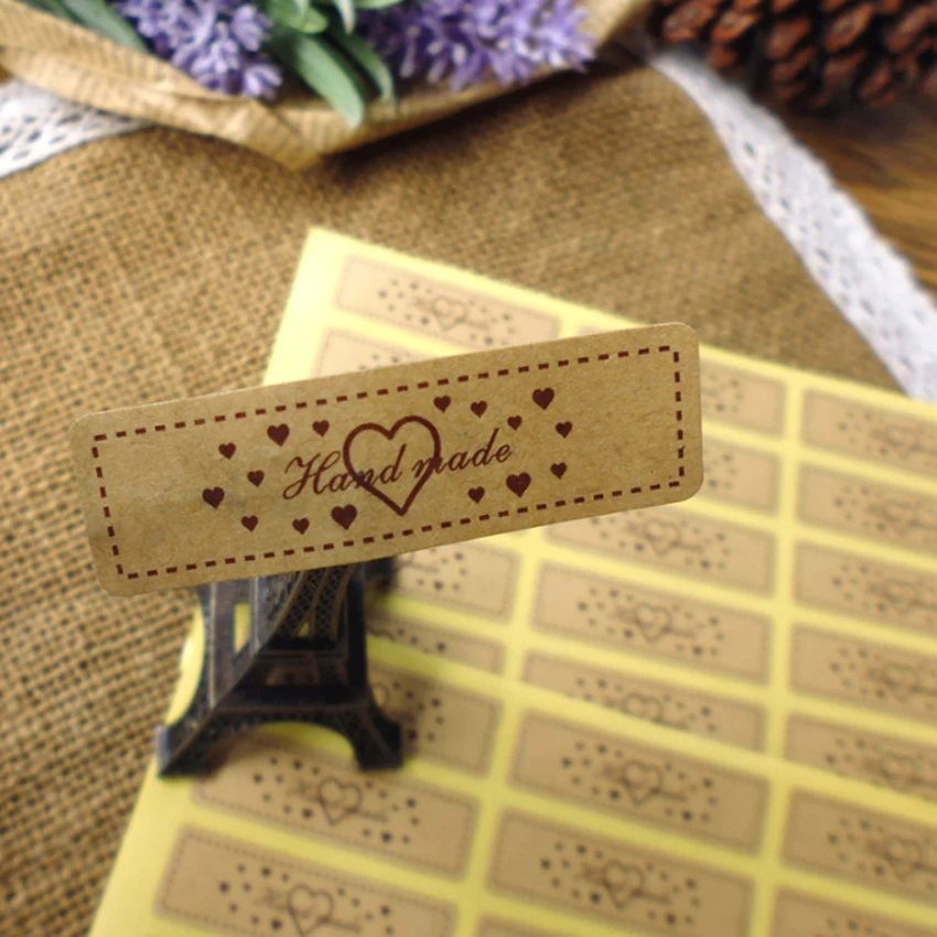 

150pcs/lot 'Hand made' With Heart Kraft Paper Sealing Stickers Handmade Product Decorative Sticker Package Label For DIY Gift
