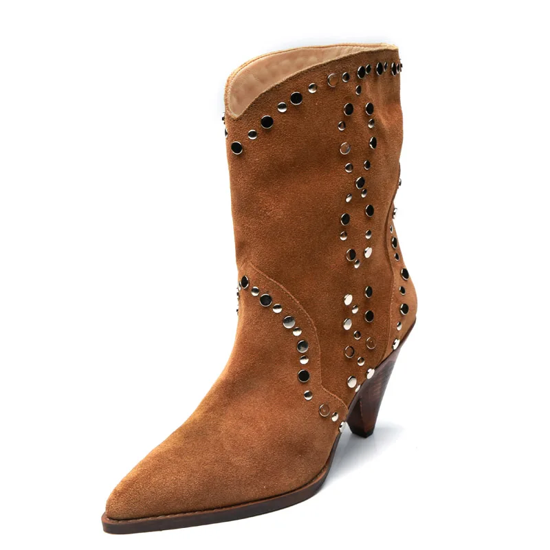 Женские замшевые ботильоны в стиле ретро ботинки на необычном высоком каблуке с