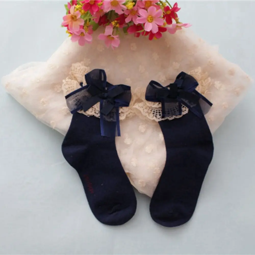 navy blue Милые Кружевные Гофрированные короткие носки для девочек милый большой бант для малышей, милые хлопковые короткие носки принцессы - Цвет: navy blue
