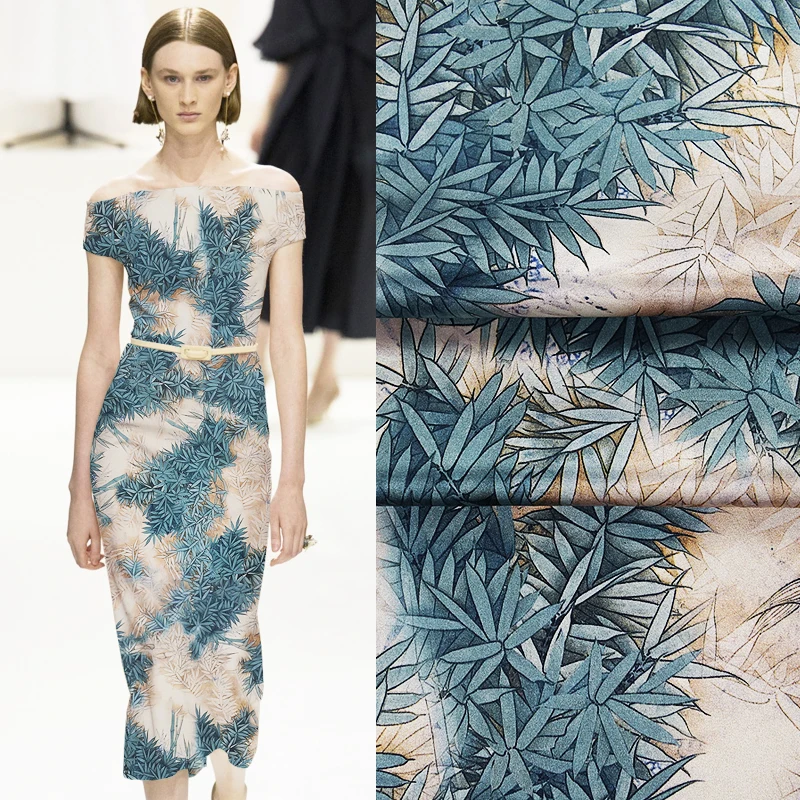 

118CM Wide 19MM Blue Leaves Print Stretch Silk Satin Fabric Good for Summer Dress Skirt Shirt Pants JH076