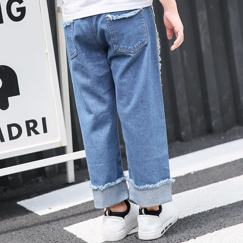 Осень Обувь для девочек джинсовые штаны с эластичной резинкой на талии свободные