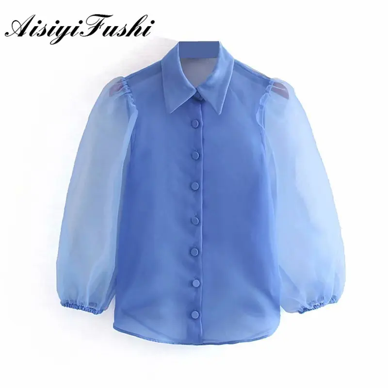 Женская блузка из органзы AISIYIFUSHI элегантная шифоновая с пышными рукавами и v