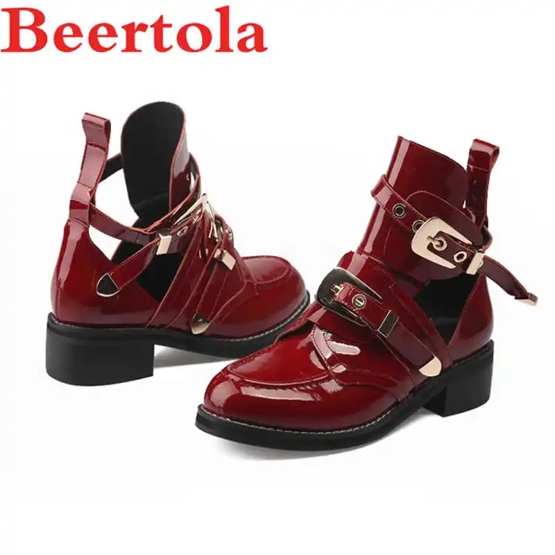 Новинка женские ботильоны из лакированной кожи мотоциклетные ботинки с круглым