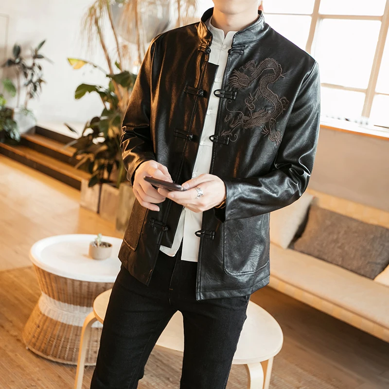 2019 осень зима китайский стиль Вышитые Slim fit Кожаные куртки коричневый и черный