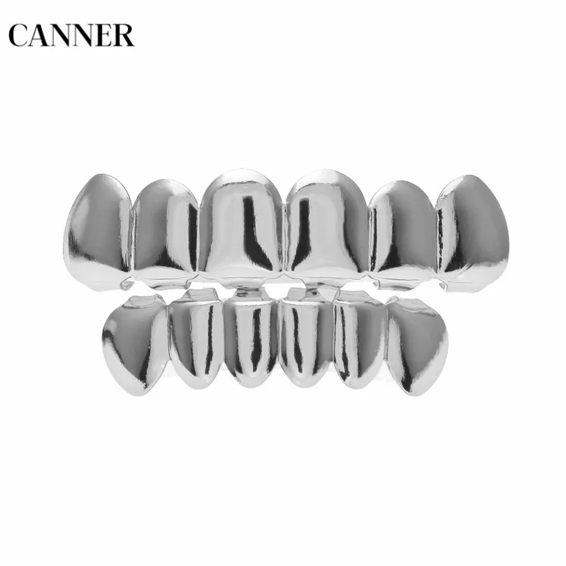 Canner Hip Hop Teeth Grillz Set Top& Bottom Teeth Gold Silver Color Grills Dental Cosplay Party Body Jewelry For Men Women W4 - Окраска металла: Silver set