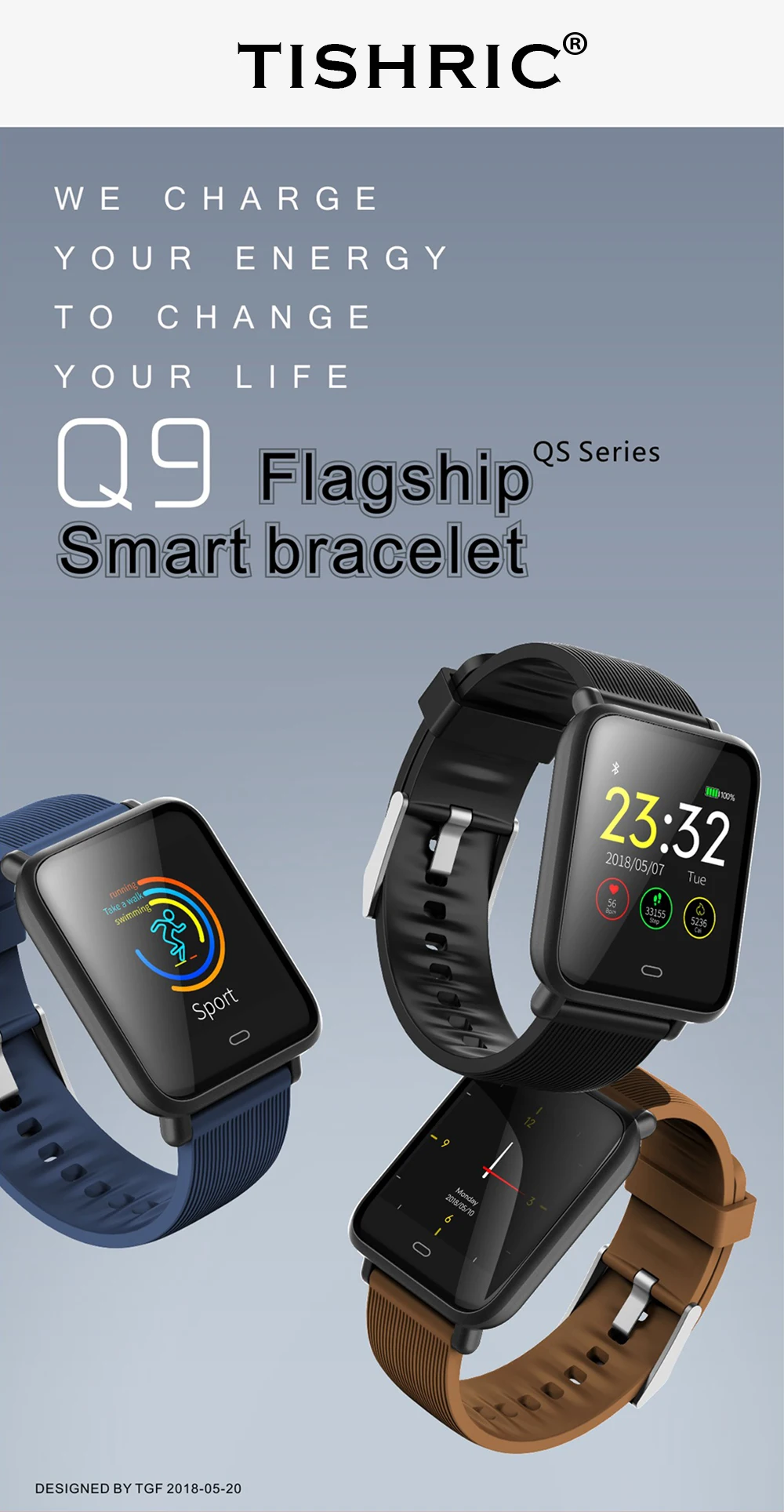 TISHRIC Q9 спортивный умный Браслет/Часы Smartwatch Трекер Активности Шагомер фитнес-браслет IP67 Водонепроницаемый сенсорный экран