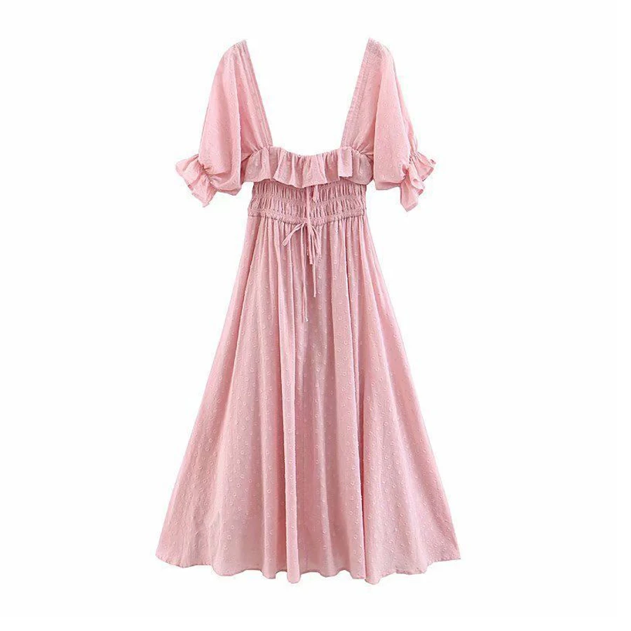 TEELYNN puff sleeve boho dresses 2019 vintage pink cotton long Dot jacquard fabric Hippie women chic Vestido | Женская одежда