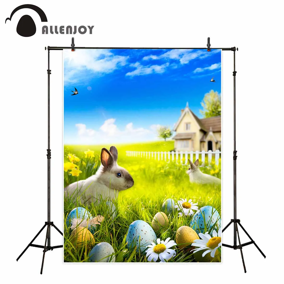 Фон для детской фотосъемки с пасхальными яйцами весенними цветами палочками