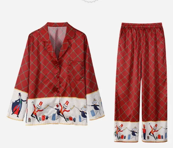 2019 New Spring and Autumn Women Lapel Long Sleeve Plaid Printed Pajamas Home Clothes Female Silk Satin Sleepwear Night Wear | Женская