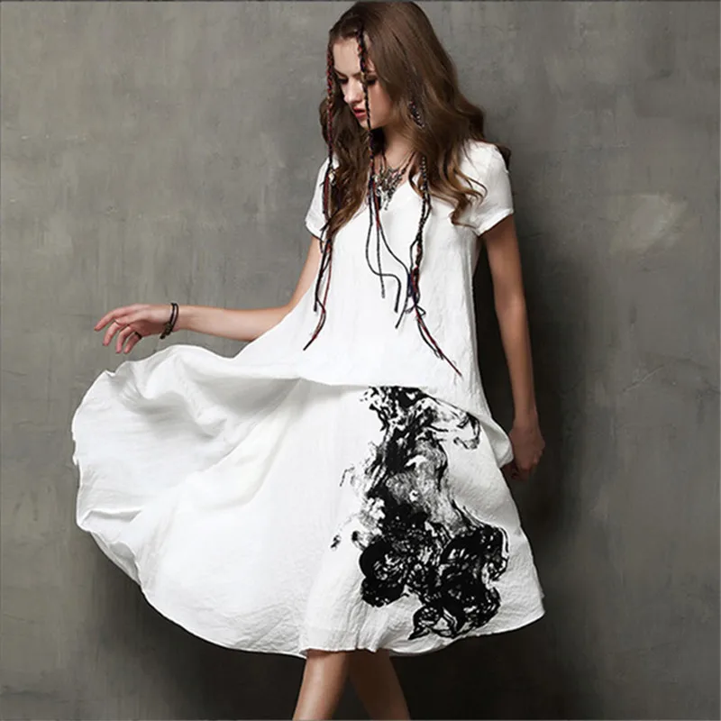 Женское винтажное платье с каллиграфией из 80% хлопка и 20% льна коротким рукавом