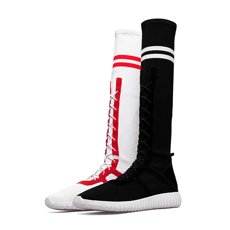Женские высокие сапоги до середины икры белые эластичные облегающие кроссовки
