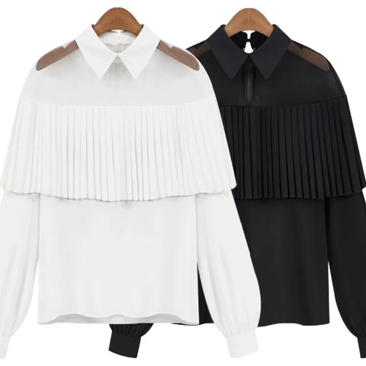 2019 Streetwear Loose Ruffles Blouses Female Long Sleeve Turn-down Collar Ladies Tops Spliced Cotton Womens and |
