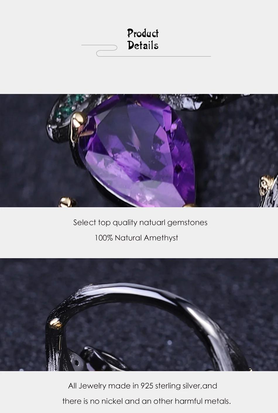GEM'S BALLET 2.37Ct кольцо с натуральным аметистом, настоящее 925 пробы, серебро, ручная работа, Бабочка, ветка, цветок, кольца для женщин, хорошее ювелирное изделие