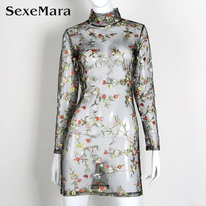 2017 новое лето boho кружева цветочные вышивки сетки dress long sleevse мини party водолазка