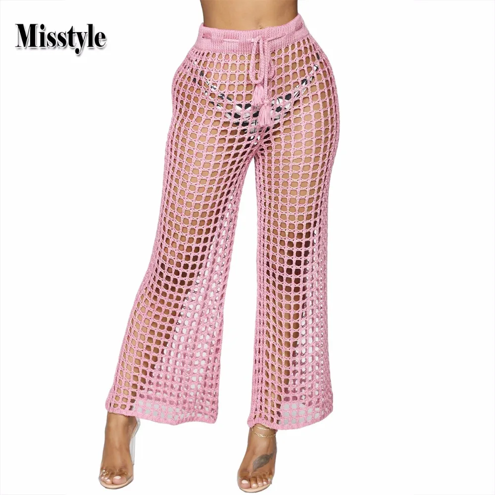 Misstyle пляжные расклешенные штаны одноцветные трикотажные открытые брюки сетки