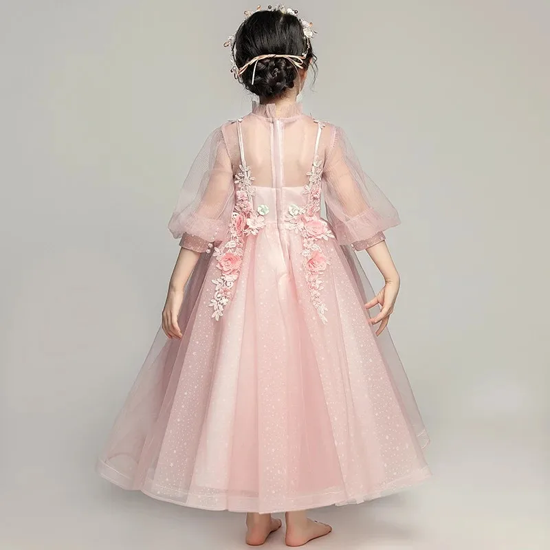 

Summer New Elegant Girls Children Wedding Party Flowers MeshDresses Kids Evening Ball Gowns Formal Baby Clothes for Girl 3-14Yrs