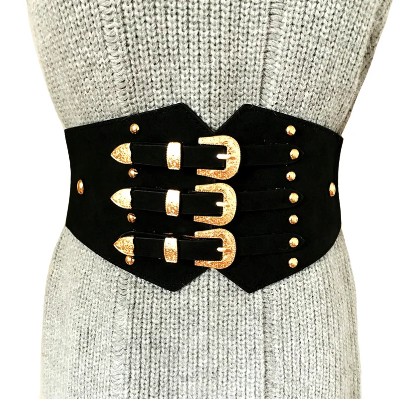 New Fashion Vintage metal Double Clasp Women Belt Buckle PU Girdle Waistband Vintage Wide elastic Belt Girdle Cinturones Mujer