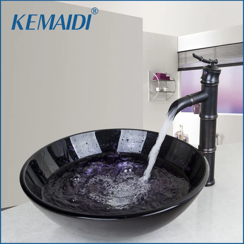 

KEMAIDI Washbasin Lavatory Tempered Glass Sink Basin Sink Bathroom Faucet 42328655-1 Combine Brass Tap Mixer Faucet Pop-up Drain
