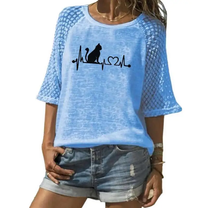 

New Arrival Lace Crew Neck T-Shirt Cat Letters Print T-Shirt For Women Female Women Punk Top Femme Funny Graphic