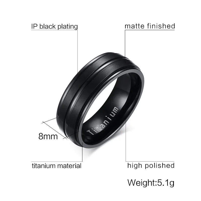 Vnox 8mm Black Men Ring Titanium Carbide Men's Jewelry Wedding Bands Classic Boyfriend Gift