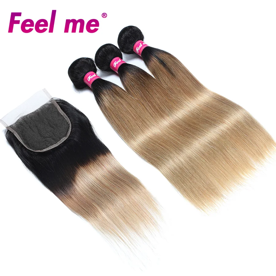 FEEL ME 3 пучки волос Ombre натуральные волосы Связки с закрытием T1B 27 Мёд блондинка