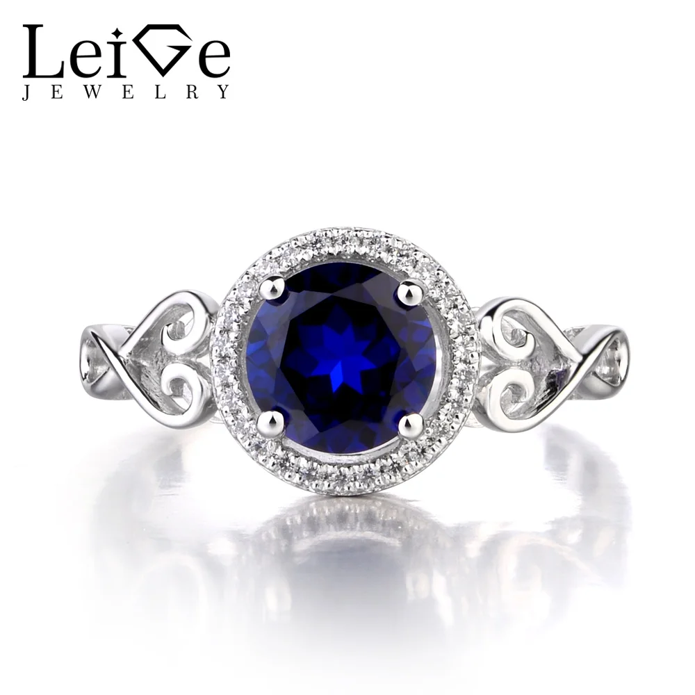 

Leige Jewelry 925 Sterling Silver Lab Sapphire Ring Round Cut Gemstone September Birthstone Promise Engagement Rings for Women