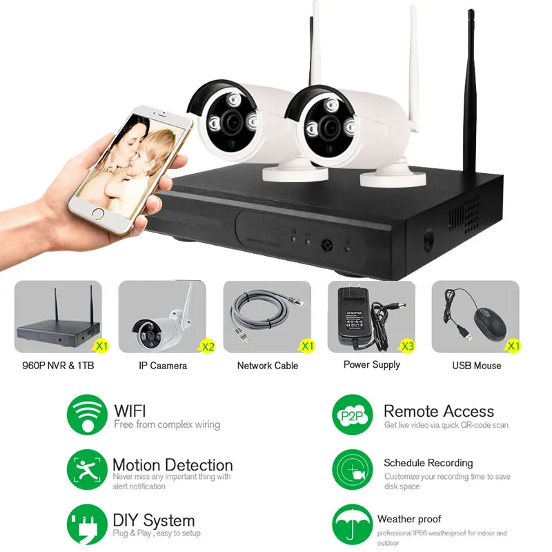 4CH wifi CCTV система Беспроводной NVR комплект 2 шт 960P HD IP камера 1.3MP наружная Водонепроницаемая домашняя система видеонаблюдения