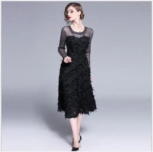 Женское платье 2019 Новое весеннее с круглым вырезом длинным рукавом