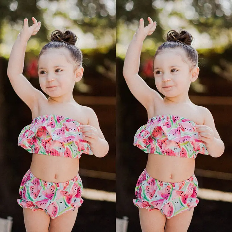 2017 детский купальный костюм из 2 предметов для маленьких девочек топы с рисунком