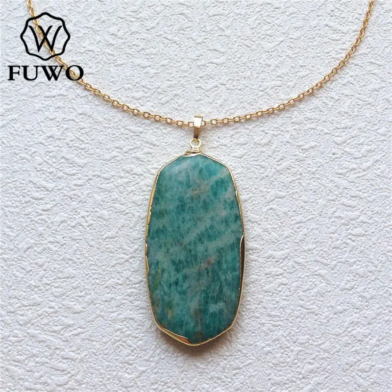 

FUWO Wholesale Natural Amazonite Stone Necklace With 24K Gold Filled Brass Chain Fashion Raw Green Quartz Stone Jewelry NC060
