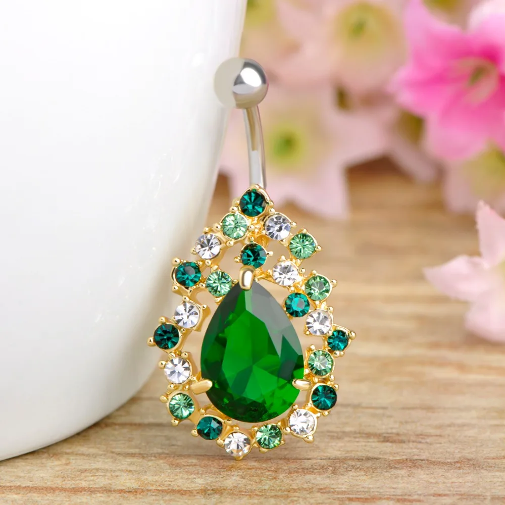 Кольцо для пирсинга пупка с крупными золотыми и зелеными кристаллами|jewelry