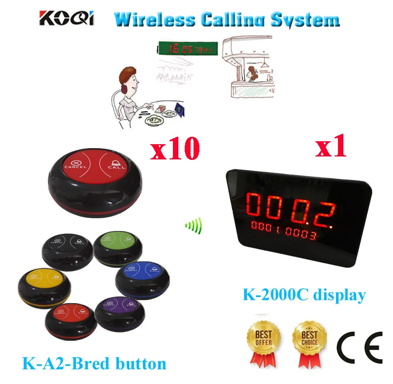 Wireless Guest Call Bell System Restaurant Callers K-2000AT Touch Screen 2keys Button Wireless Bell(1 display+10 call button)