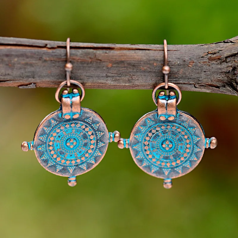 TopHanqi Boho Античная Бронза Круглый висячие серьги с рисунком женские туфли ручной